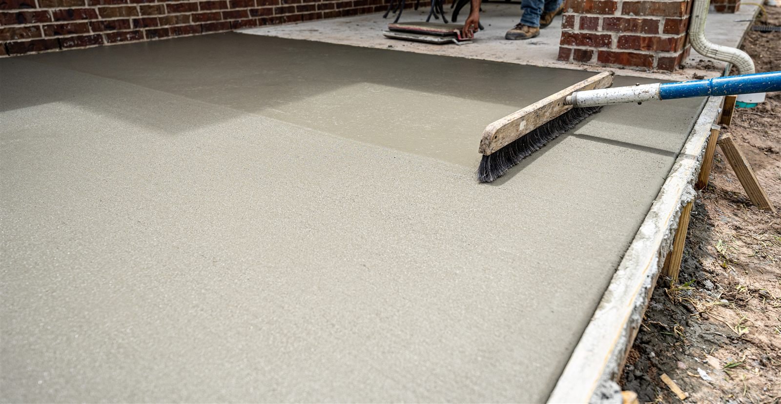Fresh concrete patio receiving a broom finish next to a brick home in Omaha, NE